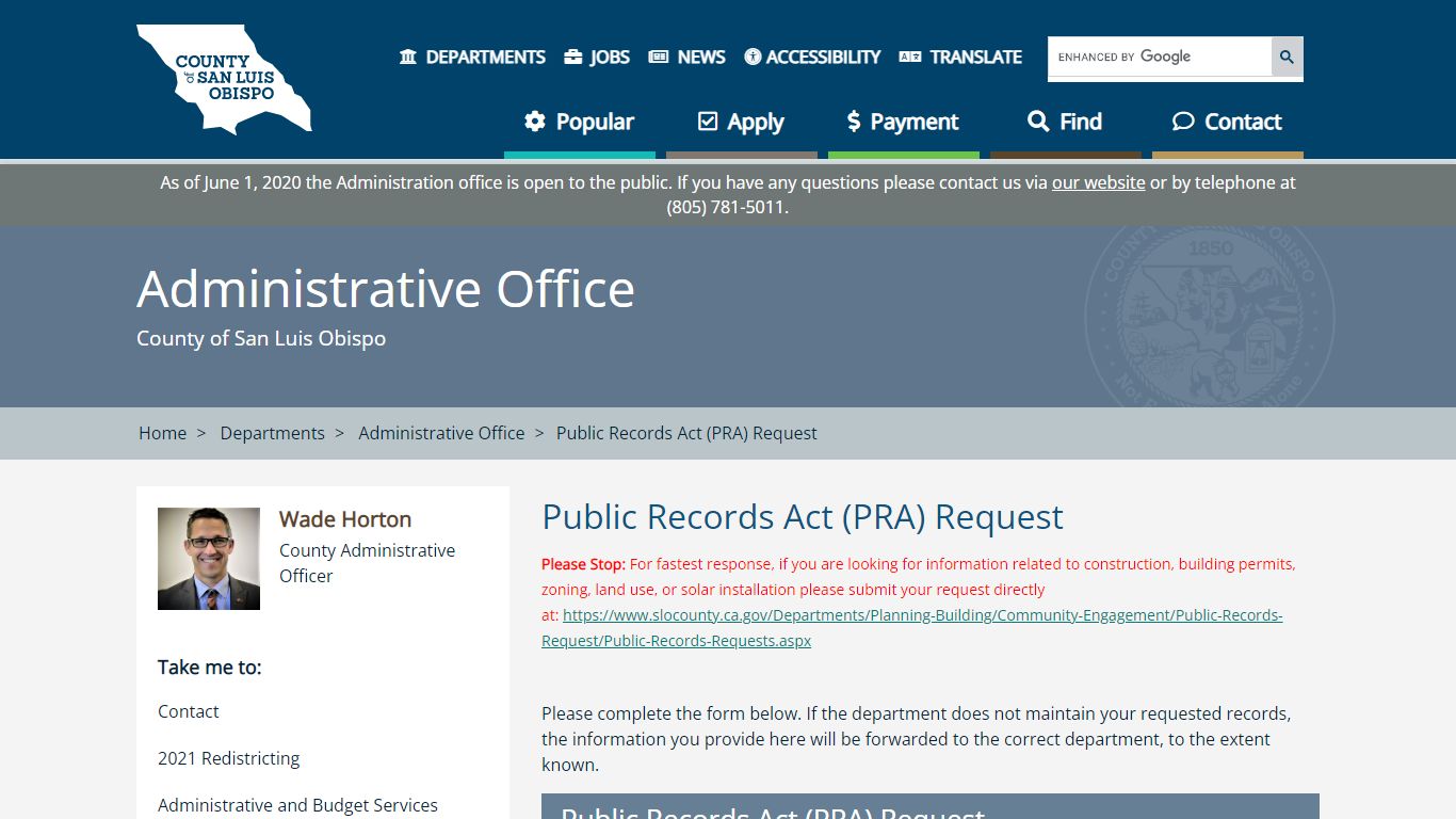 Public Records Act (PRA) Request - County of San Luis Obispo